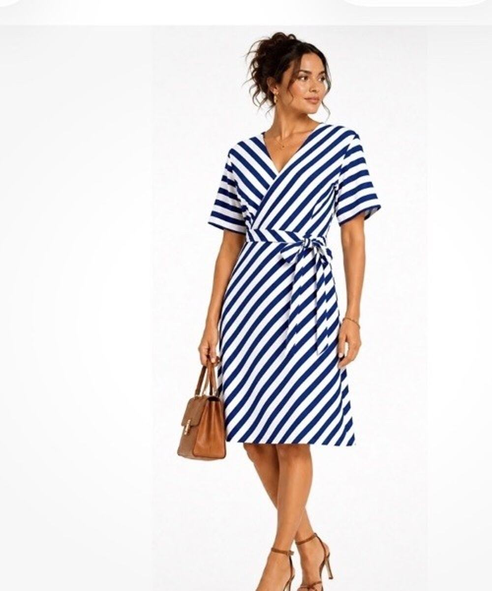 Lauren Ralph Lauren Midi Faux Wrap Dress Blue & White Striped Belt Stretch Sz 6